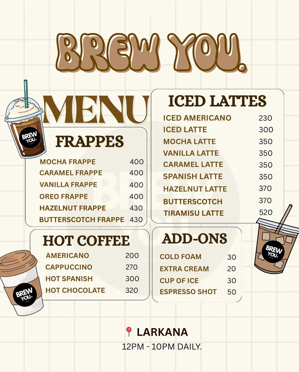 The Brew You. menu board